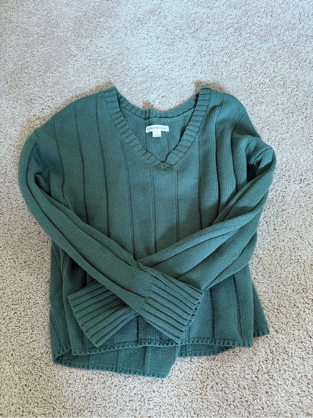 Aeropostale Teal-Green V-Neck Ribbed Sweater